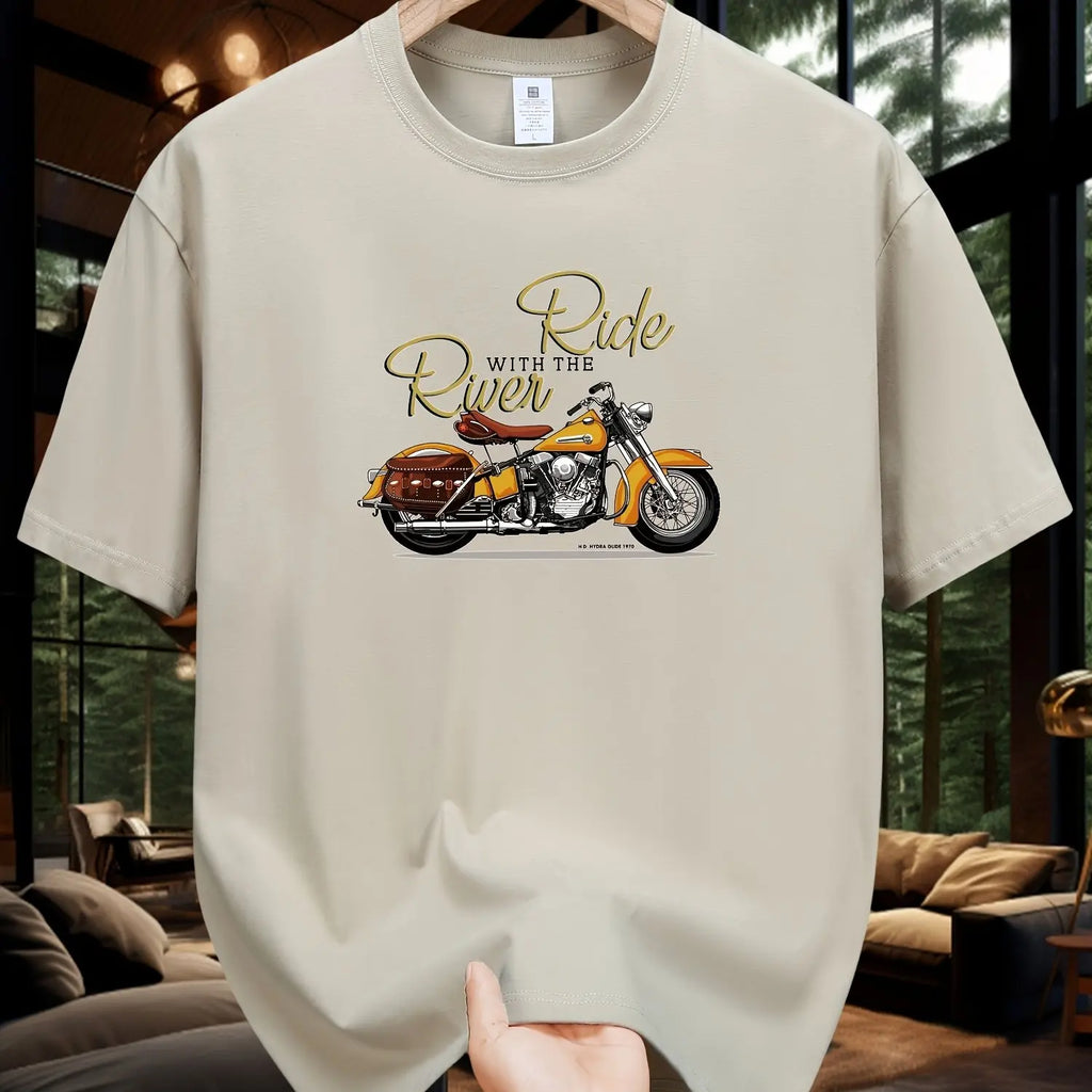 Men's Summer 100 Cotton Fashionable Casual Loose Large Size Classic Motorcycle Pattern Printed Round Neck Short Sleeve T-shirt