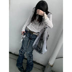 2024 Washed Distressed Micro-flared Jeans for Women Stylish High Street Straight Jeans Harajuku Style Hip Hop Y2k Blue Trousers