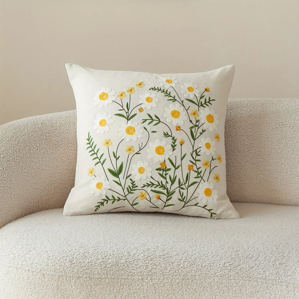Double Sided Embroidered Daisy Pillow Cover Cute White Yellow Wildflower Print Soft Boho Throw Pillow Case for Spring Home Decor