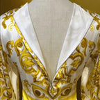 Designer Inspired 100% Silk Midi Dress 2026 Women Slim Fit Yellow Porcelain Print Luxury Holiday Party Runway Dress
