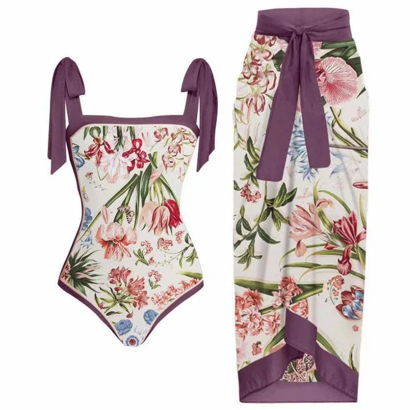 Fashion Women Cover Swimsuit Retro Print Gorgeous One-Piece Suit with Swimwear Beach Casual Swimwear Skirt That Wraps Hips