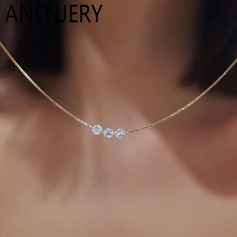 ANENJERY Three Zircon Thin Necklace for Women Simple Clavicle chain Delicate Elegant Jewelry Gifts Wedding Wholesale Main image