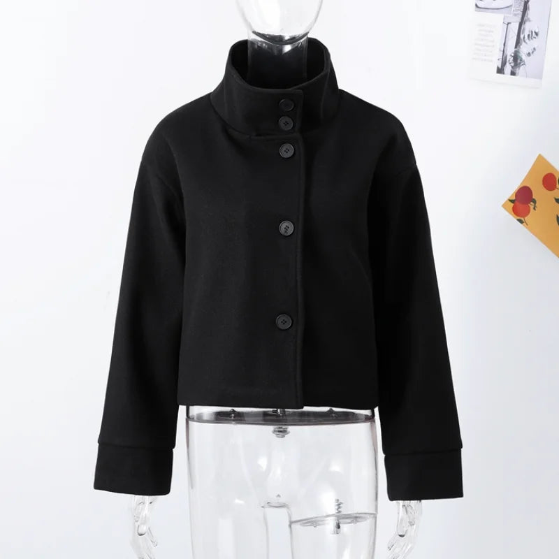 Casual Solid Loose Jackets Women Fashion Full Sleeve Single Breasted Stand Collar Short Coats Female 2025 Autumn Lady Outwears