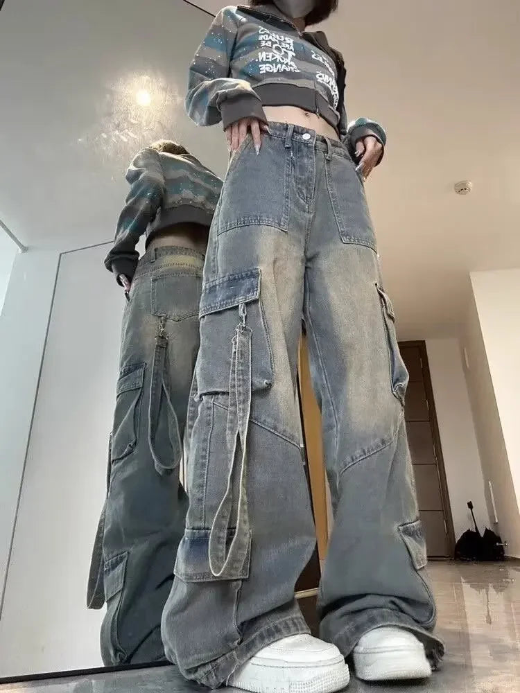 Female Jean Spliced Pockets Cargo Pants Washed Denim High Waist Full Length Jeans Loose Solid Basics Patchwork Distressed