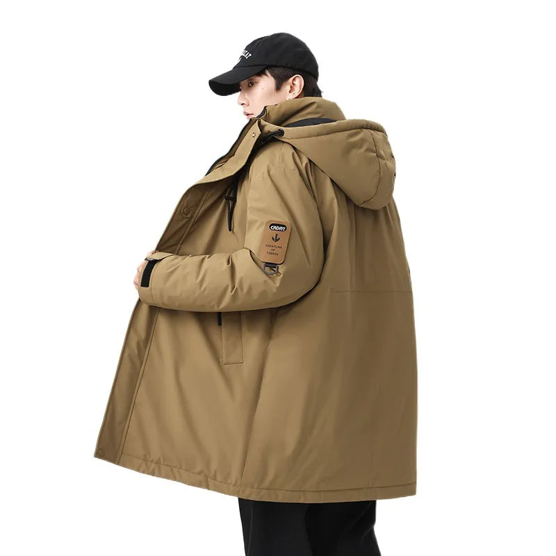 Winter new style cotton coat for men 2026 snap-closed hooded jacket neutral style mid-length workwear cotton coat for men