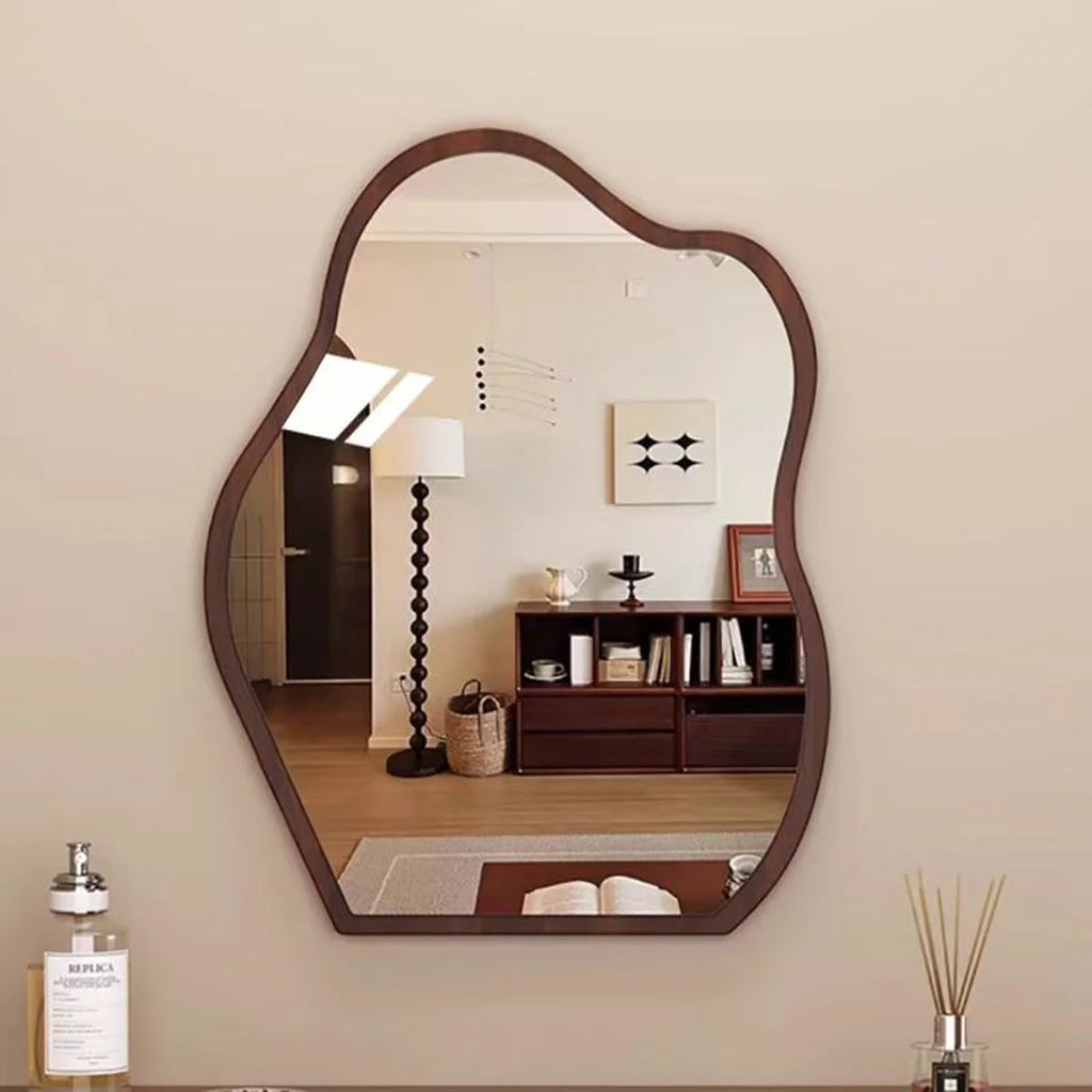Irregular Wall Mirror Wavy Wooden Framed Modern Bohemian Decorative Mirror for Bathroom Bedroom Living Room Entryway