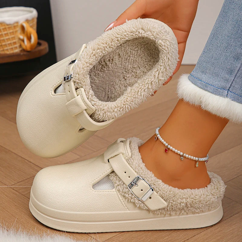 Winter Warm Fluffy Clogs Slippers Women Eva Waterproof Non Slip Home Slides Woman Lightweight Soft Sole Fuzzy Cotton Slippers