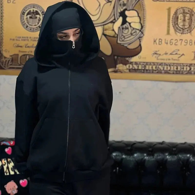 Men's and women's Balaclava Y2K Gothic Harajuku winter new item double hooded sweatshirt Unisex hooded mask zipper sportswear
