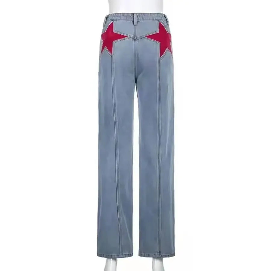 Retro Jeans European and American Style Design Slim Fit Leg Length All Match Pants Five Pointed Star Straight Women Versatile