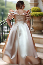 Plus Size Satin Evening Dress for Women's Off Shoulder Puff Sleeve Solid Elegant Cocktail Wedding Guest Maxi Dresses