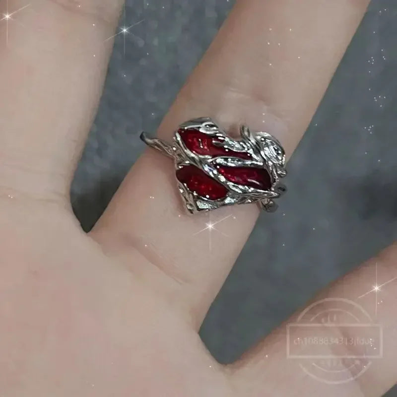 Irregular Red Crystal Glass Heart Aesthetic Rings For Women Y2K Gothic Animal Spider Ring Creative Grunge Jewelry Accessories