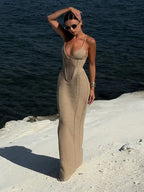 Fashion Solid V Neck Slim Fit Knit Maxi Dress Elegant Hollow Out Lace Up Backless Gown New Lady Summer Vacation Beach Vestidos