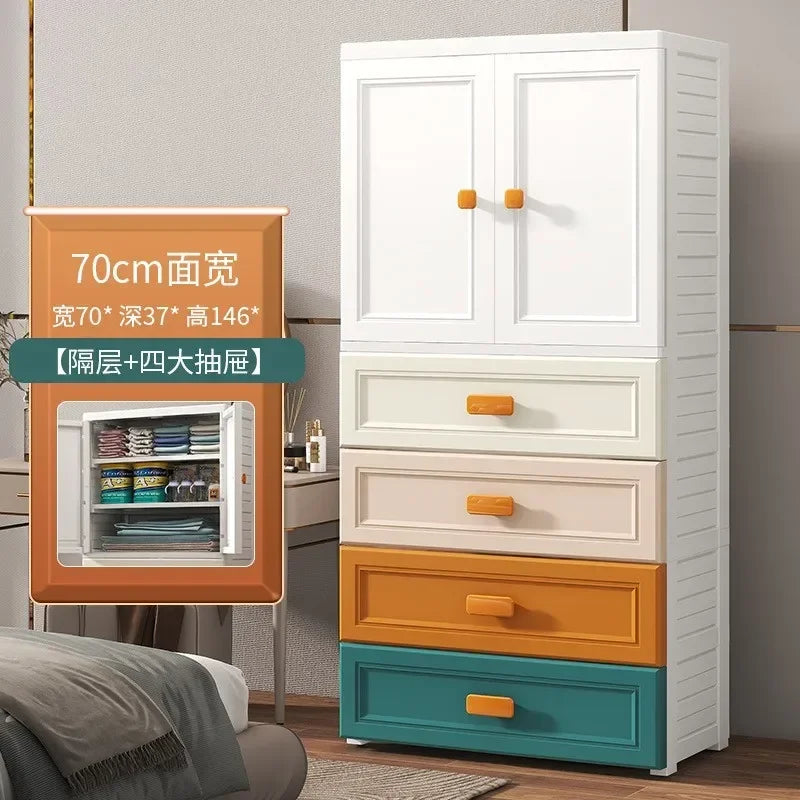 New model 70-Face wide thickened wardrobe simple bedroom plastic cabinet double door drawer type clothes hanging storage cabinet