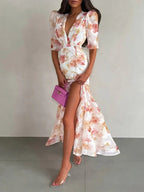 Flutter Sleeves Slim Long Dress Women Casual Pleated Deep V-neck Floral Print High Waist Dresses 2026 Lady Summer Holiday Wear