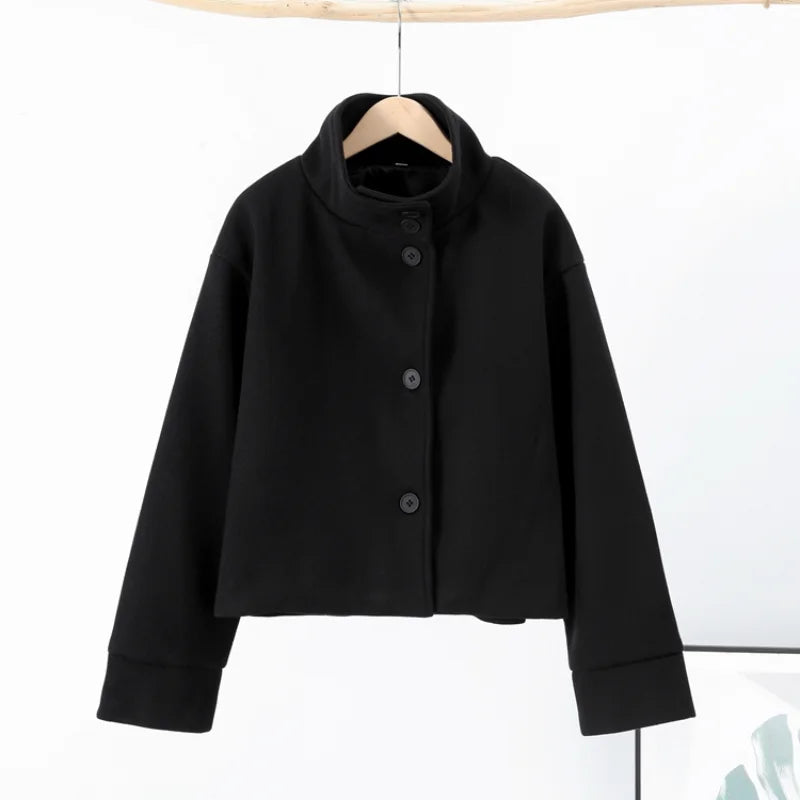 Casual Solid Loose Jackets Women Fashion Full Sleeve Single Breasted Stand Collar Short Coats Female 2025 Autumn Lady Outwears