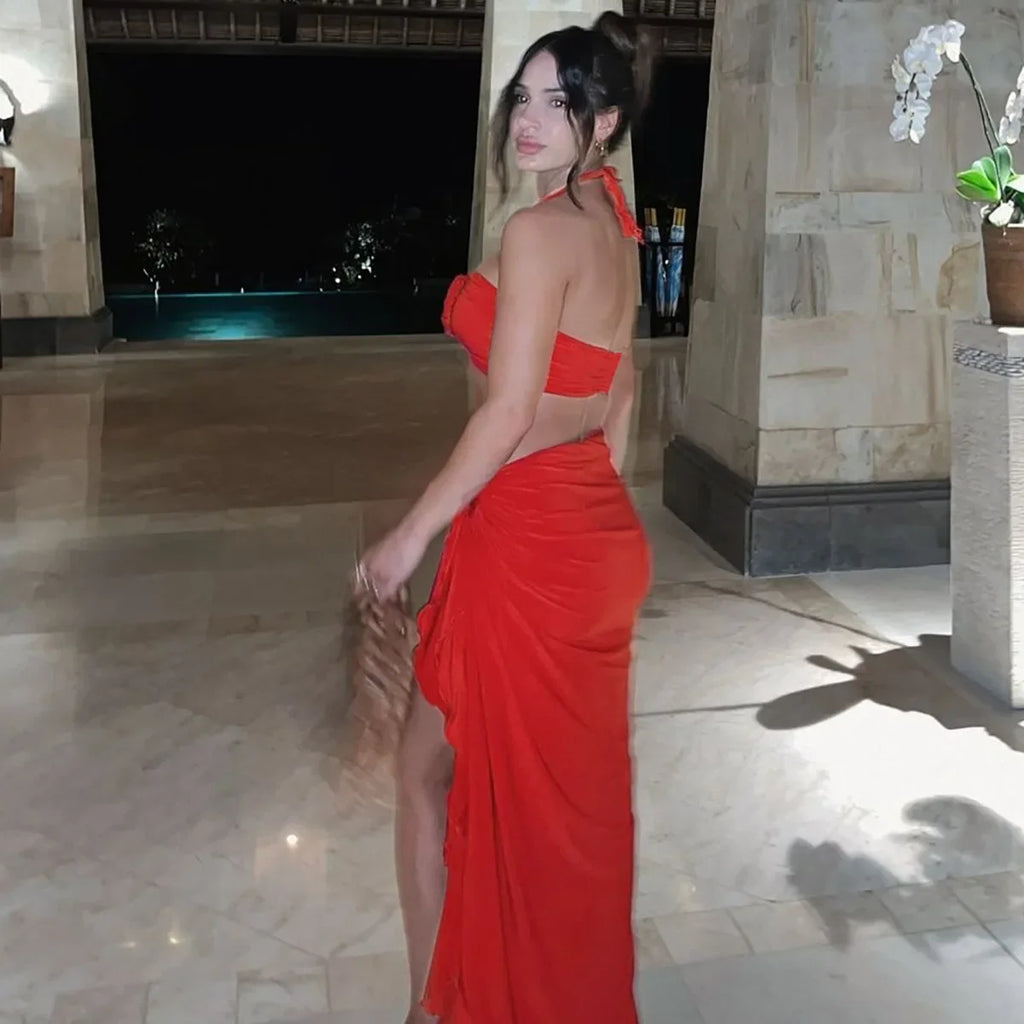 Women's Elegant Two Pieces Dresses Suits Flower Corset Top and High Slit Long Skirts Matching Sets Red Pink Vacation Outfit & 2026