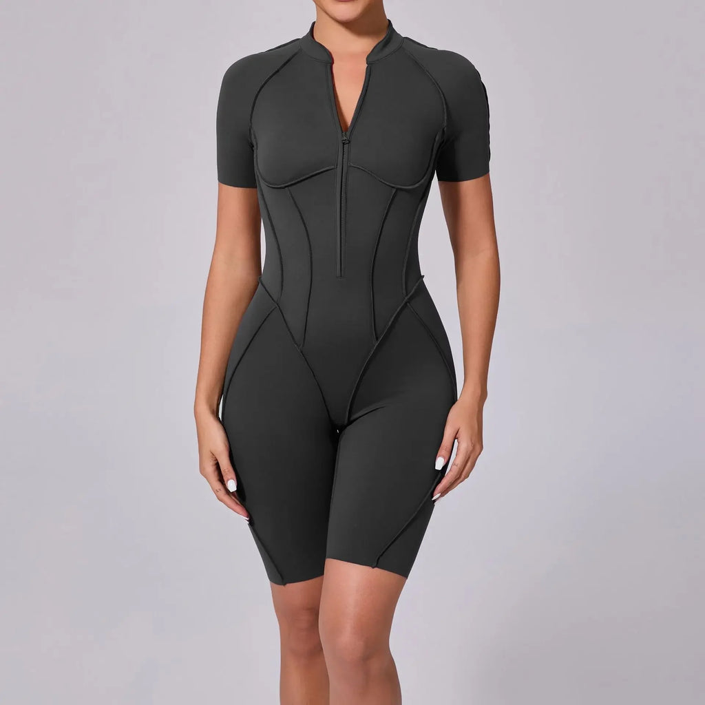 Seamless Yoga Jumpsuits Sports Fitness Zipper Hip-lifting Short-sleeved Backless Dance Workout Gym Shorts Bodysuits for Women