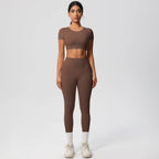 2PCS Woman Gym Sports Yoga Set Knitted Slim Workout Top Short Sleeve Quick Drying Legging Fitness Pants Running Sports Yoga Suit