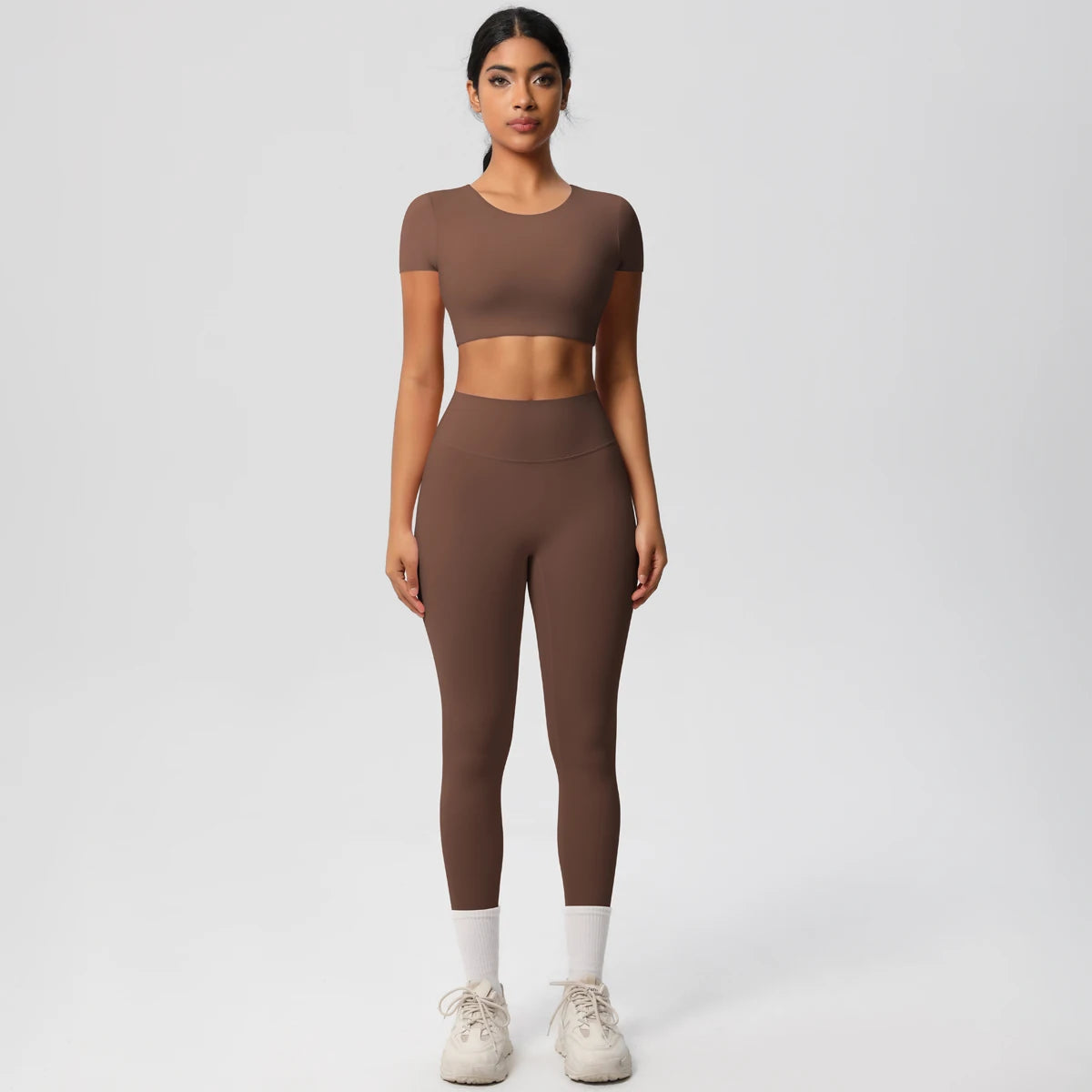 2PCS Woman Gym Sports Yoga Set Knitted Slim Workout Top Short Sleeve Quick Drying Legging Fitness Pants Running Sports Yoga Suit