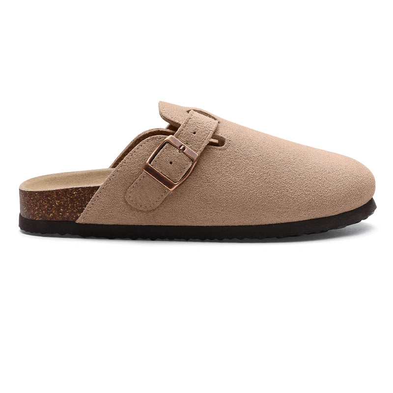 Kidmi Men's Suede Clogs Cork Footbed Clogs for Women Soft Leather Adjustable Buckle Slip-on Potato Shoes Sandals Beach Slippers