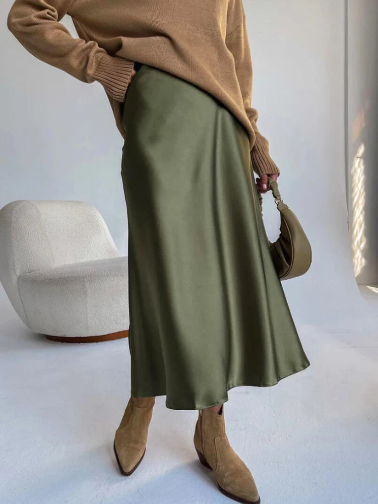 Women's Satin Skirt High Waist Elegant Midi A-line Skirt Lady's Summer Solid Champagne Vintage Silk Long Skirts for Women 2026 Secondary image