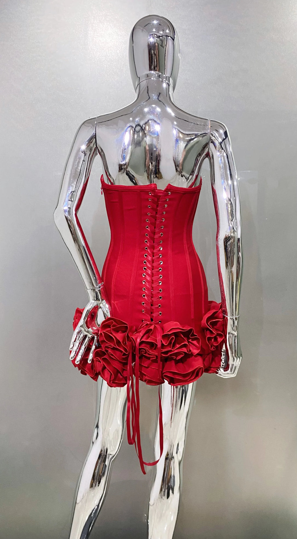 Stereoscopic Flowers Back Laceing Strapless Red Bandage Mini Evening Dress Sweet Woman Birthday Party Dress Performance costume