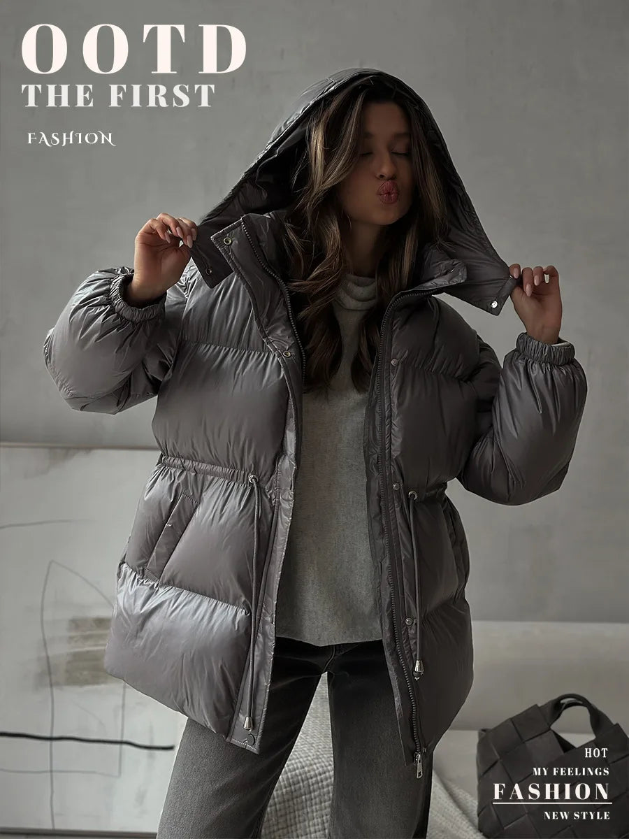 Bornladies Drawstring Slim Fit Cotton Jacket Women's  Winter New Hooded Zipper Cotton Robe Comfortable Warm Bread Jacket