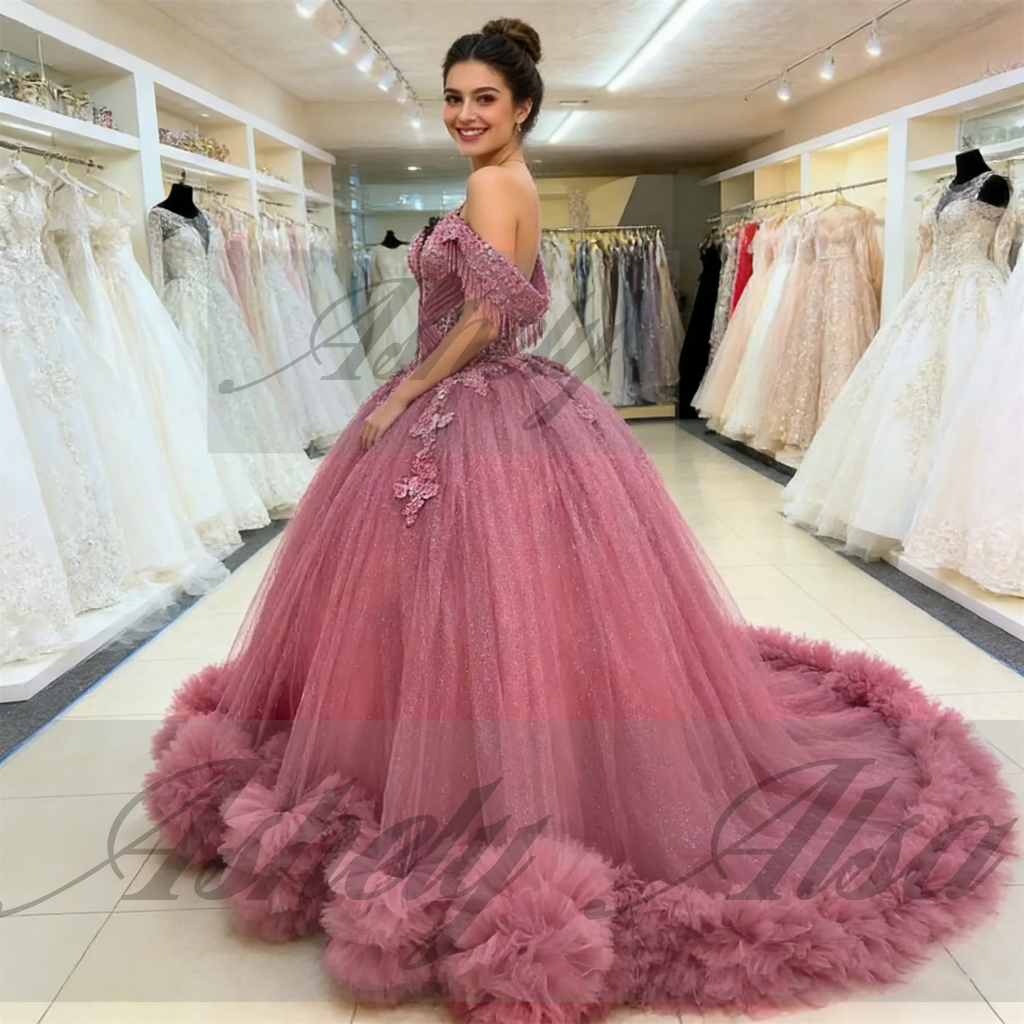 Customized Elegant Pink Quinceanera Dress Ball Gown Beads Applique Corset Pageant Sweet 15 Party Tiered Ruffle Prom Party Dress