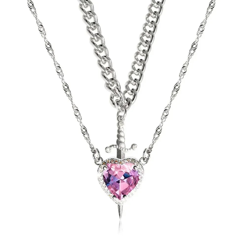 Heart and Sword Necklace Couple Necklaces Zircon Crystal Ring Bracelet Necklace Jewelry Set for Romantic Valentine's Day Gifts