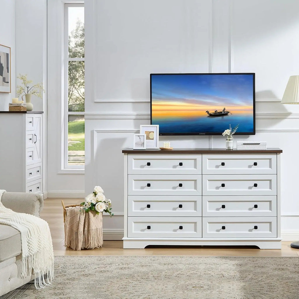 Dresser for Bedroom, Farmhouse Dresser with 8 Wooden Drawers and Storage Cabinet, 55 Inches Wide Chest of Drawers for Bedroom, L
