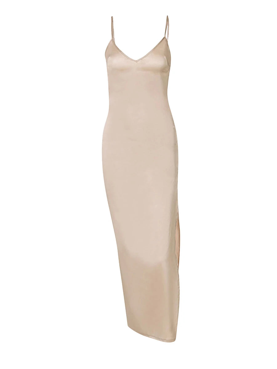Sexy Spaghetti Strap Backless Summer Dress Women Satin Silky Spaghetti Strap Split Lace Up  Dress Elegant Bodycon Party Dresses