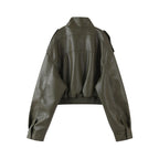 Vintage Zippers Short Leather Jackets Women's Casual Lapel Button Pockets Full Sleeve Coat 2025 Autumn New Lady Chic Streetwear