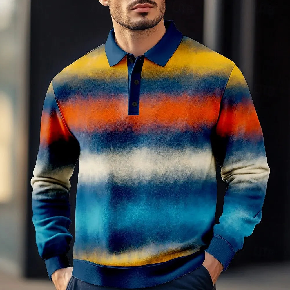2025 Fashion Men's Stripe Gradient Long Sleeve Polo Shirt Breathable Casual Tops Slim Fit Quick Drying Classic Collar Polo Shirt Main image