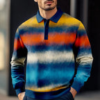 2025 Fashion Men's Stripe Gradient Long Sleeve Polo Shirt Breathable Casual Tops Slim Fit Quick Drying Classic Collar Polo Shirt