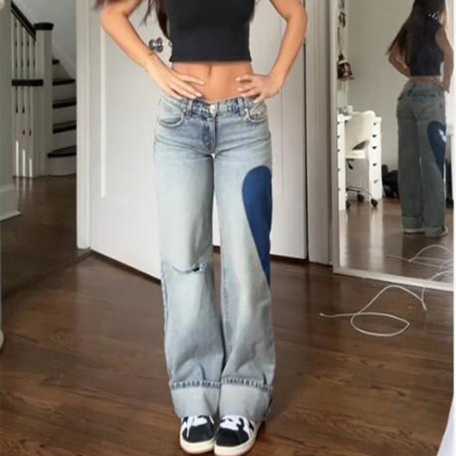 Combhasaki Womens Y2K Ripped Wide-Leg Jeans Heart Shaped Print Loose Fit Trousers Button Low Waist Denim Long Pants with Pockets Main image