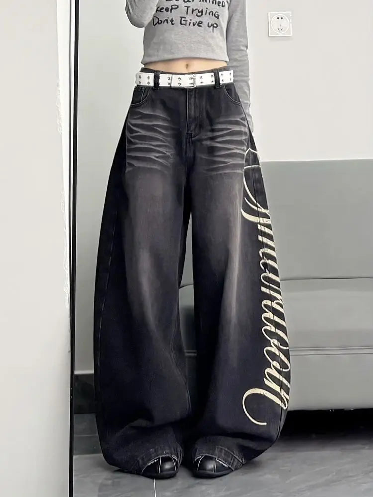 American New Fashion Oversized Letter Printing Black Washed Jeans Ladies Y2K Popular Casual Joker Loose Wide-leg Mop Pants Secondary image