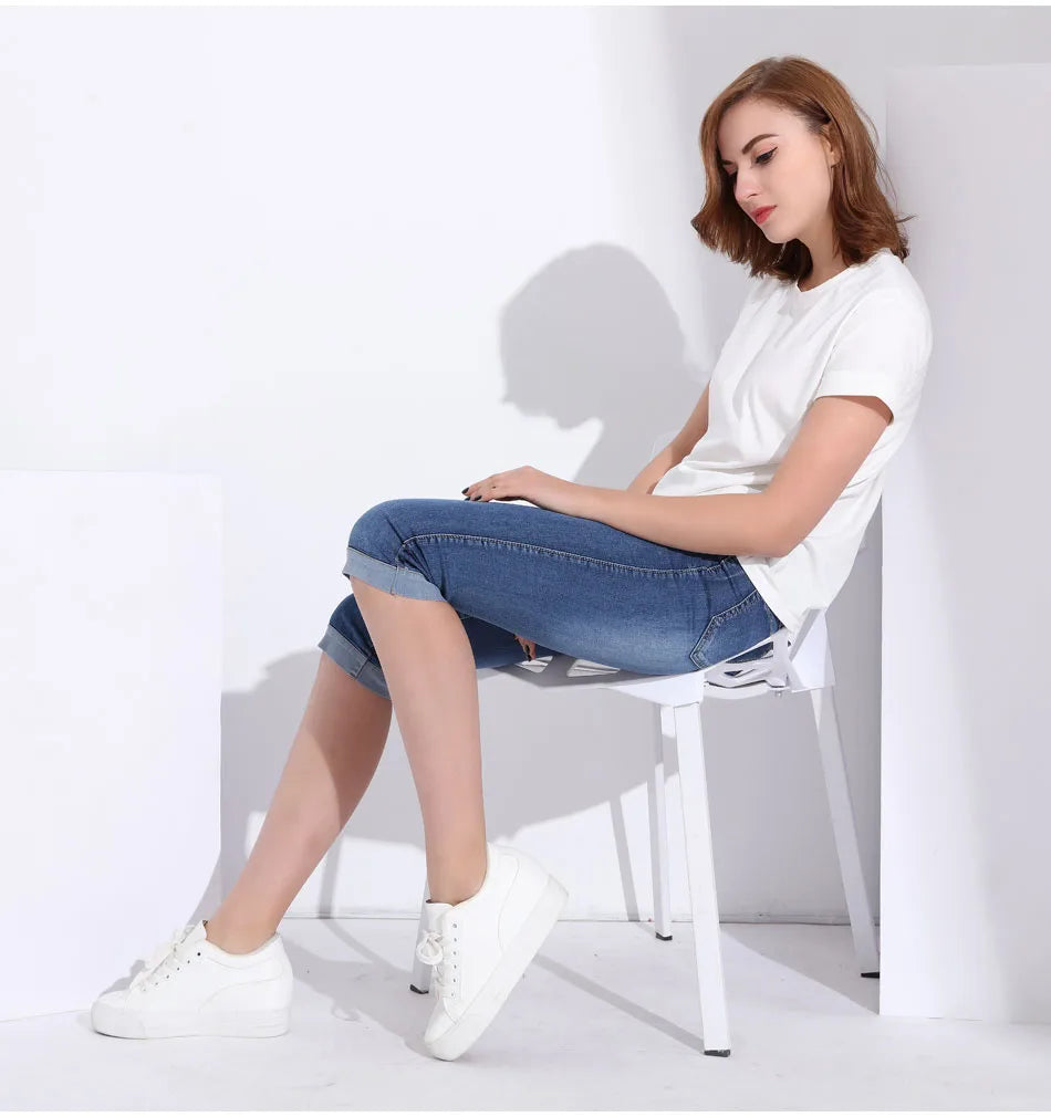 Woman's Jeans Black Denim Pants Ladies Cropped Trousers Skinny  Knee Length Jeans Women Elastic High Waist Mom Jeans Oversize