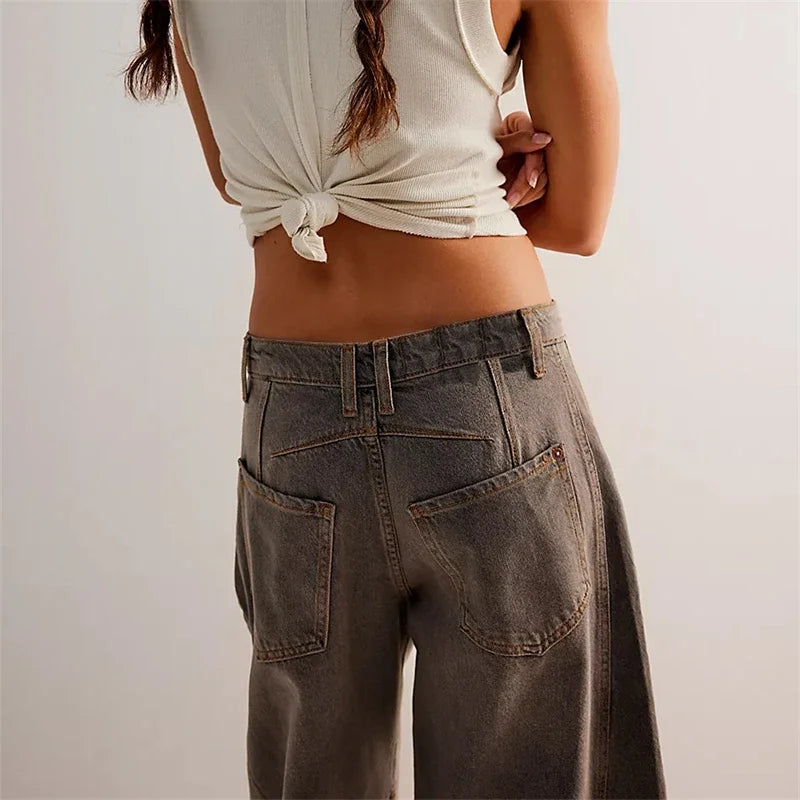 High Stretch Mid-Rise  Jeans Fashion Wide Leg Shape Women Casual Baggy Mid Waist Denim Jeans