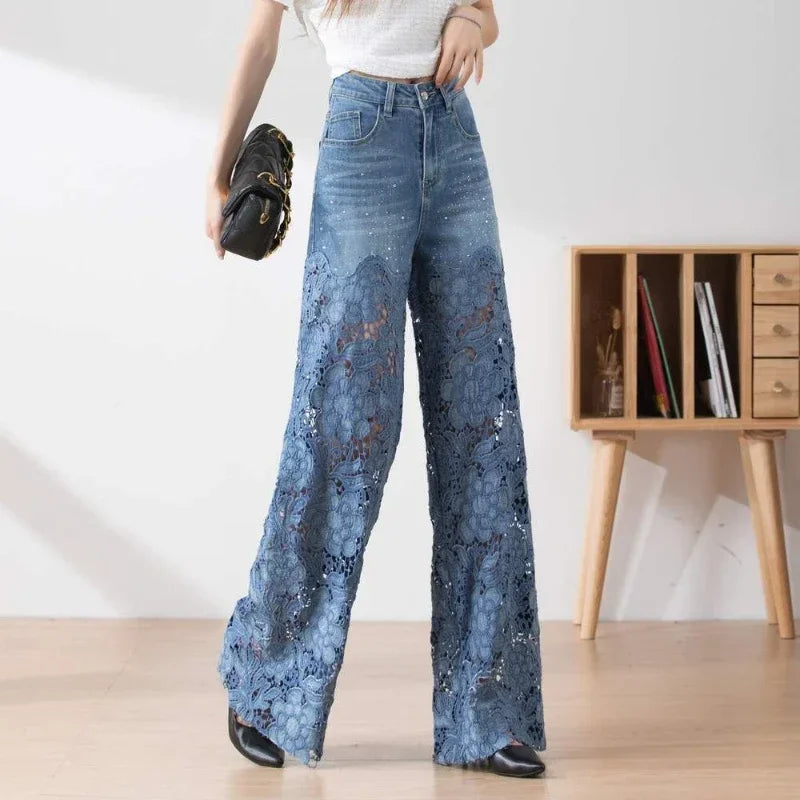 Jeans for Women High Waist Lace Patchwork Pantalones Hollow Out Oversized Spring Casual Loose All Match Pants Fashion Elegant