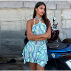 Swirl Print Women's Mini Dress Sexy Halter Neck Sleeveless Backless Ruffles Dresses Female 2026 Summer Fashion Beach Vestidos