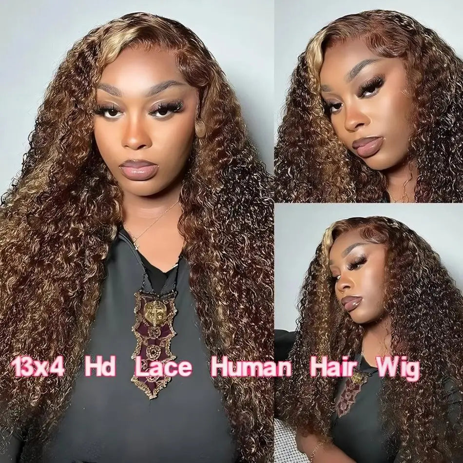 Deep Wave Curly Human Hair Wig Honey Blonde Highlight Wig Human Hair 5x5 HD Lace Closure Wig Glueless Wigs Human Hair For Woman
