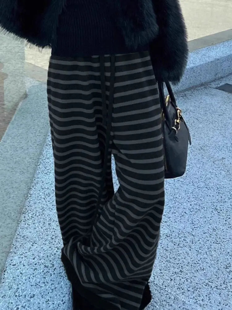 Harajuku Contrast Color Stripe Wide Leg Trousers Vintage Grunge Loose Knitted Casual Pant Y2k Aesthetic Women Straight Pants Secondary image