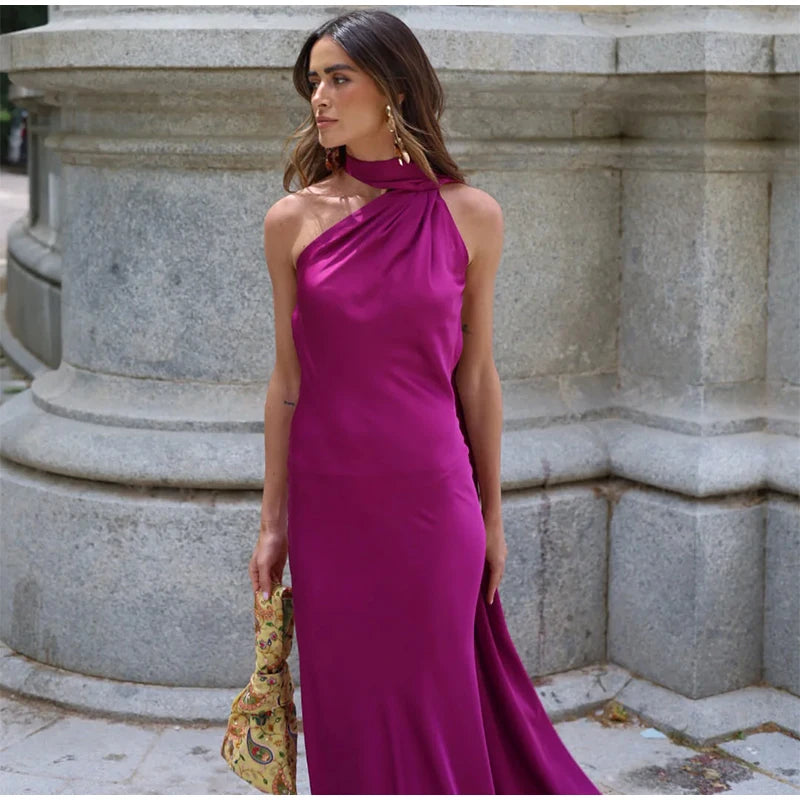 Elegant Ribbon Halter Dress Women Solid Off Shoulder Sleeveless Backless Slim Maxi Dresses 2026 Summer Autumn Party Robes Lady