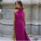 Elegant Ribbon Halter Dress Women Solid Off Shoulder Sleeveless Backless Slim Maxi Dresses 2026 Summer Autumn Party Robes Lady