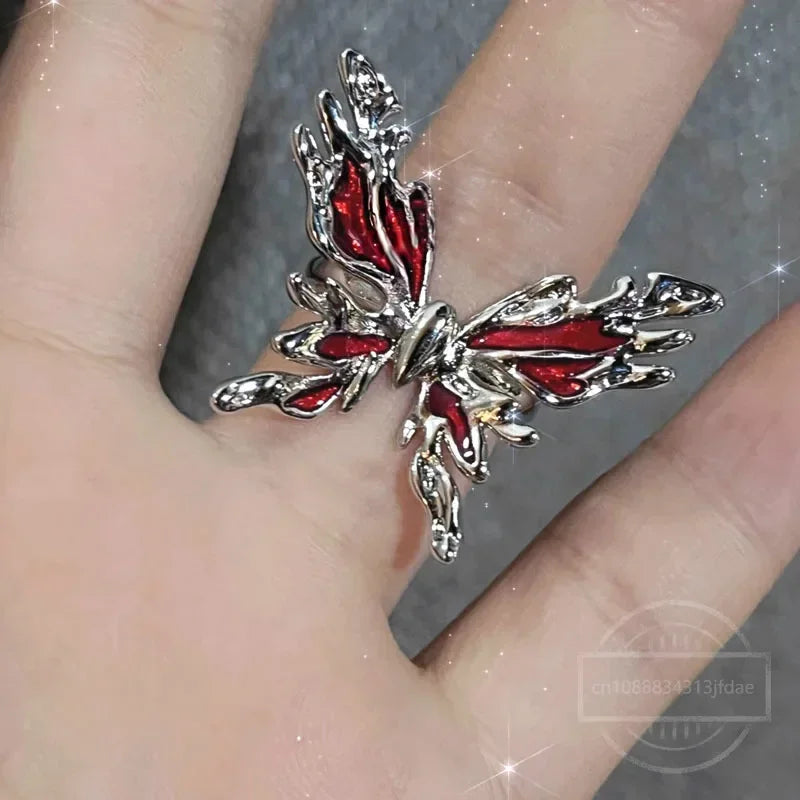 Irregular Red Crystal Glass Heart Aesthetic Rings For Women Y2K Gothic Animal Spider Ring Creative Grunge Jewelry Accessories