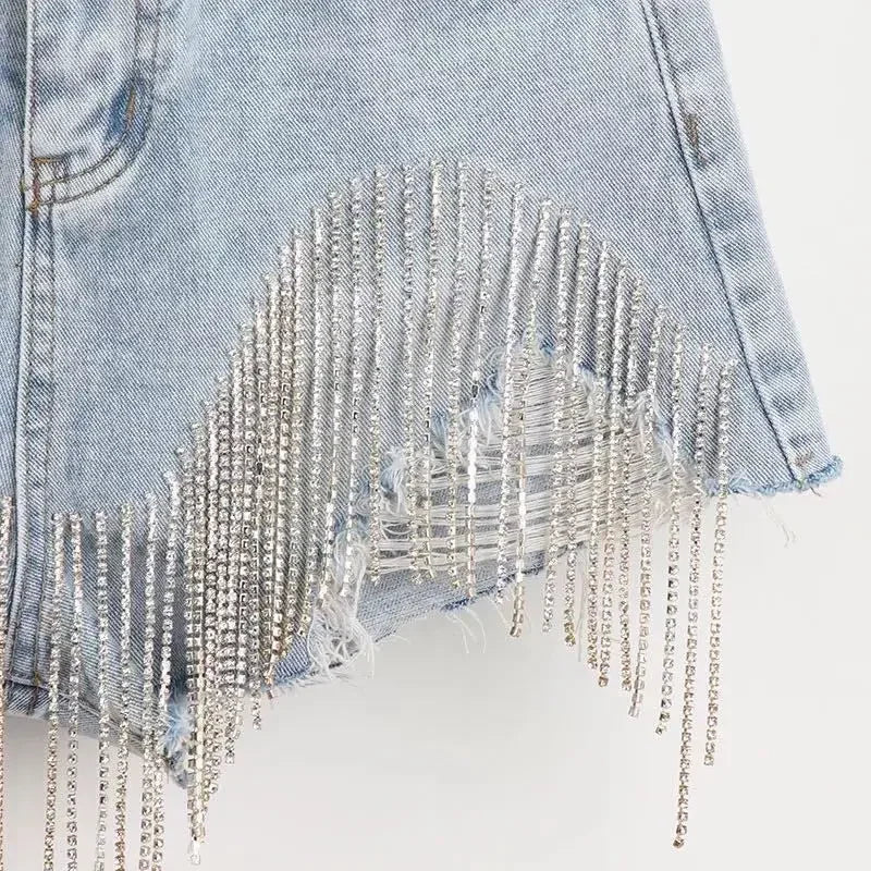 Diamond Tassel Pocket Women Jeans Denim Shorts Y2K High Waist Pants Fashion Summer Slim Fit Casual Ripped Jeans Femme HOT SALE