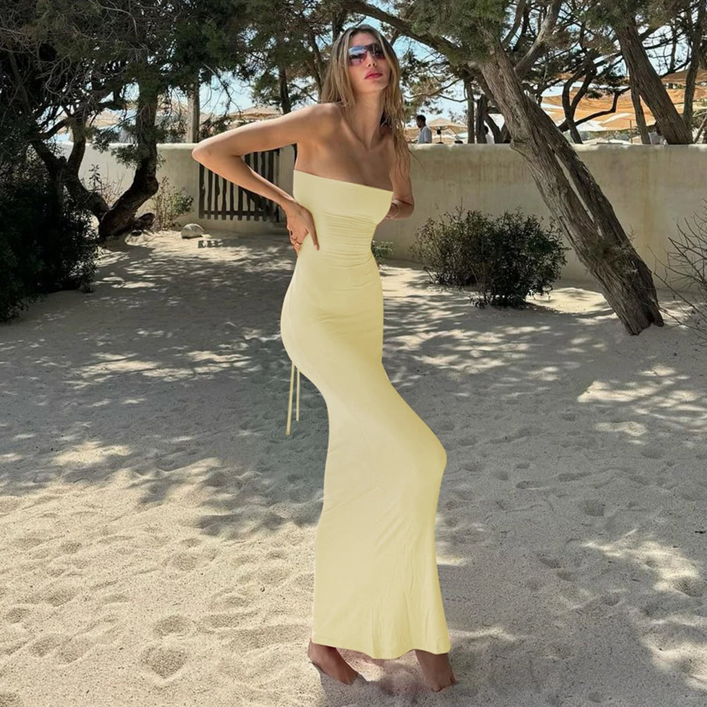Hugcitar Elegant Women Solid Strapless Backless Bandage Sexy Bodycon Maxi Dress Summer Women Y2K Clothes Beach Vacation Party