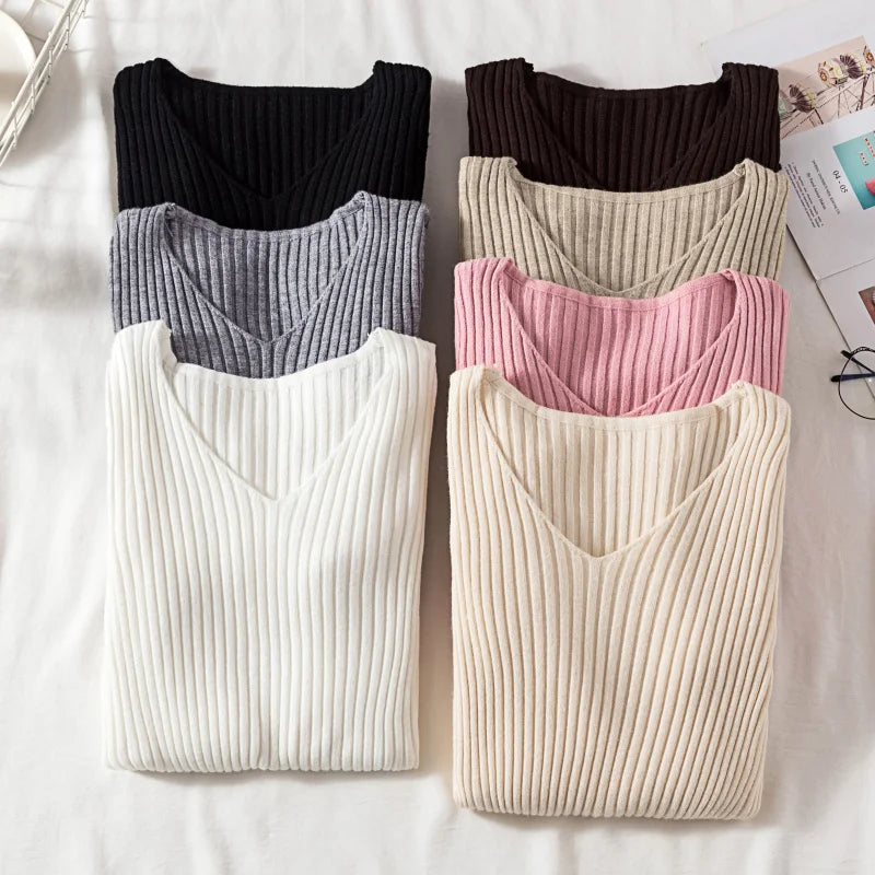 Autumn Winter Women Sweaters Casual Long Sleeve Knitted V Neck Pullover Sweater Femme Basic Solid Jersey Tops Fashion Clothes Main image
