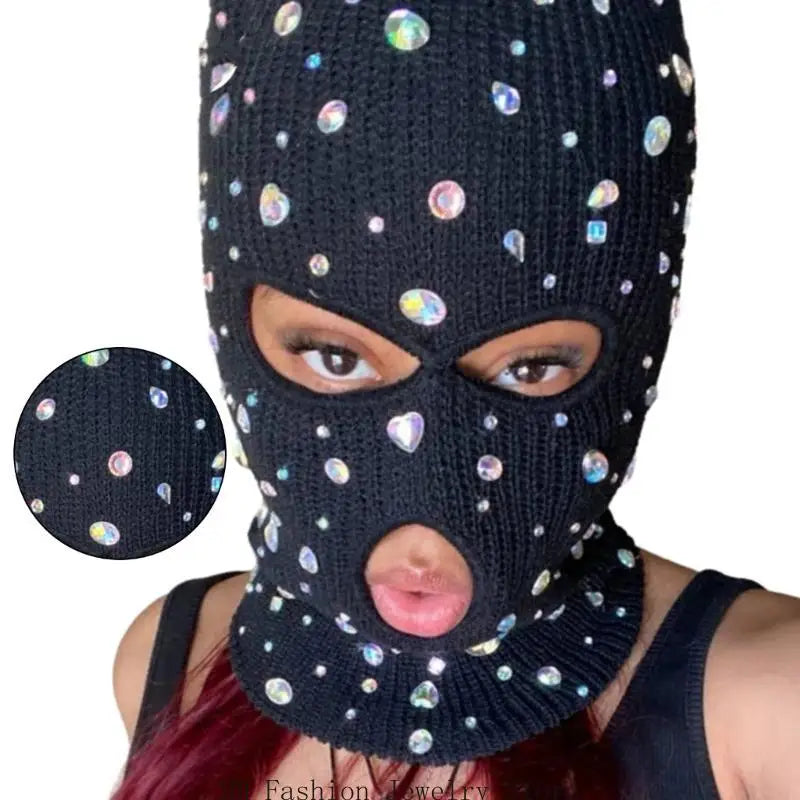 D0UB Knitted Hooded Face Cover Encrusted Halloween Cosplay Balaclava Outdoor