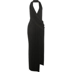 Sisterlinda Sexy High Splits Long Dress Women Halter Deep V-Neck Backless Sleeveless Summer Pool Party Ruched Elegant Vestidos